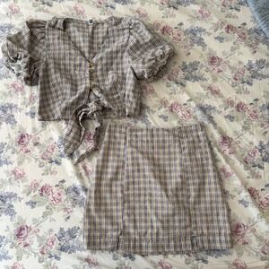 Plaid 2 Piece Matching Set Crop Tie Front Top and Mini Skirt Blue Yellow